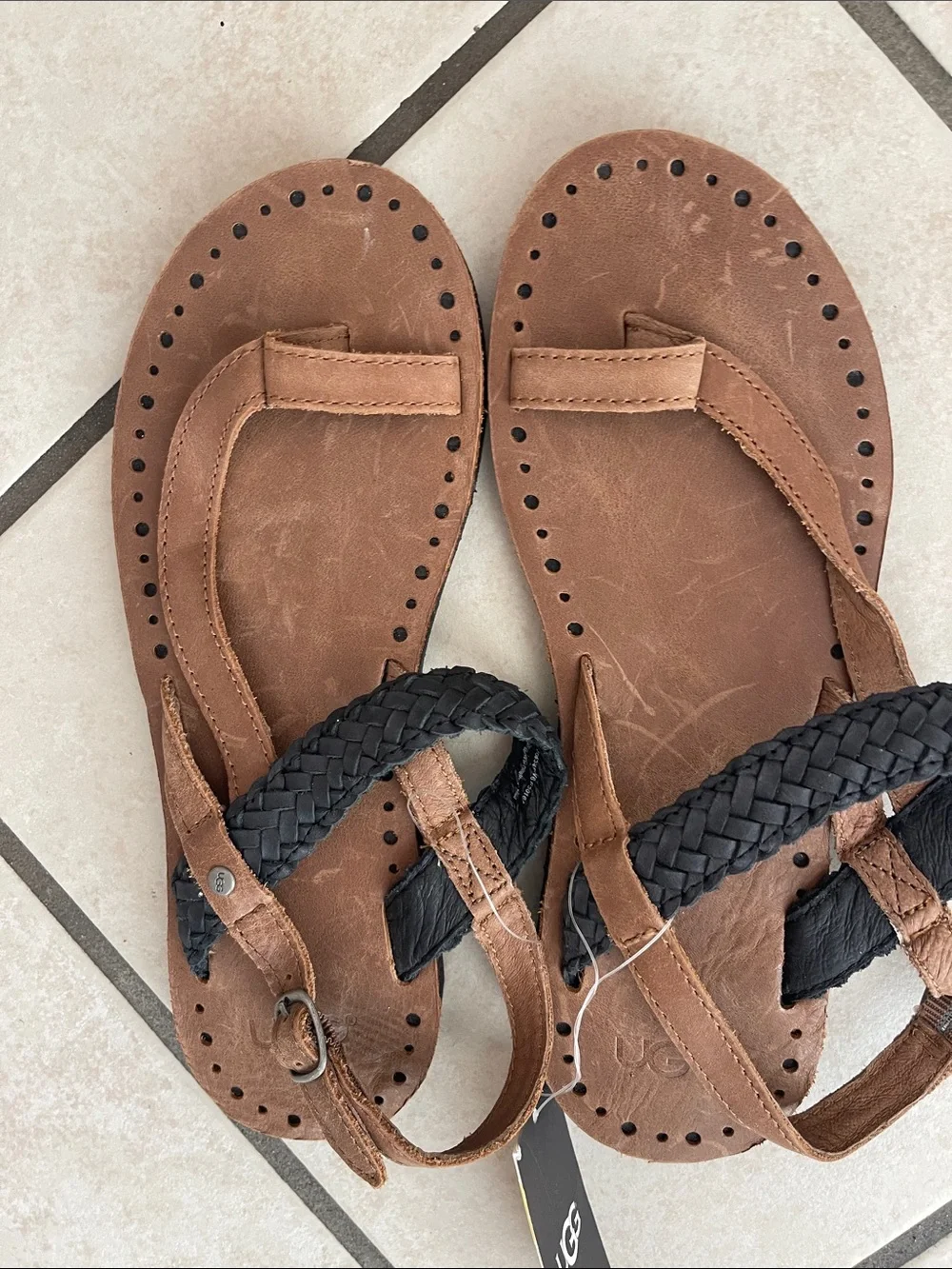 UGG Two-Tone Brown and Black Braided Toe-Post Sandals